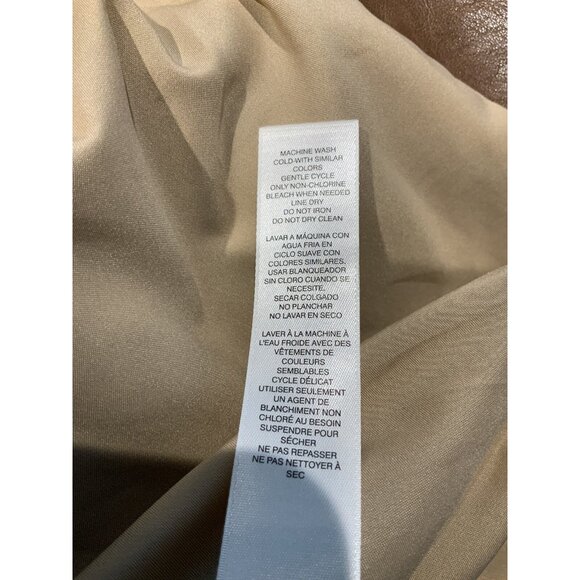 Chicos Jacket Small (1) Brown Vegan Faux Leather Sleeves Ruffle Trim Zip Lined - Picture 11 of 12